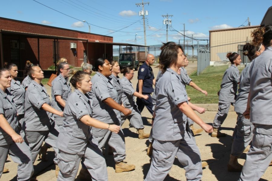 Women prisoners walking in jumpsuits in a prison yard