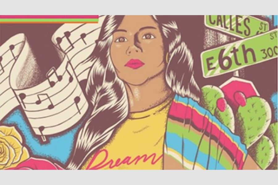 An illustration of a Hispanic woman in front of a music staff, a cactus, and street signs for Calles Street and East 6th Street.