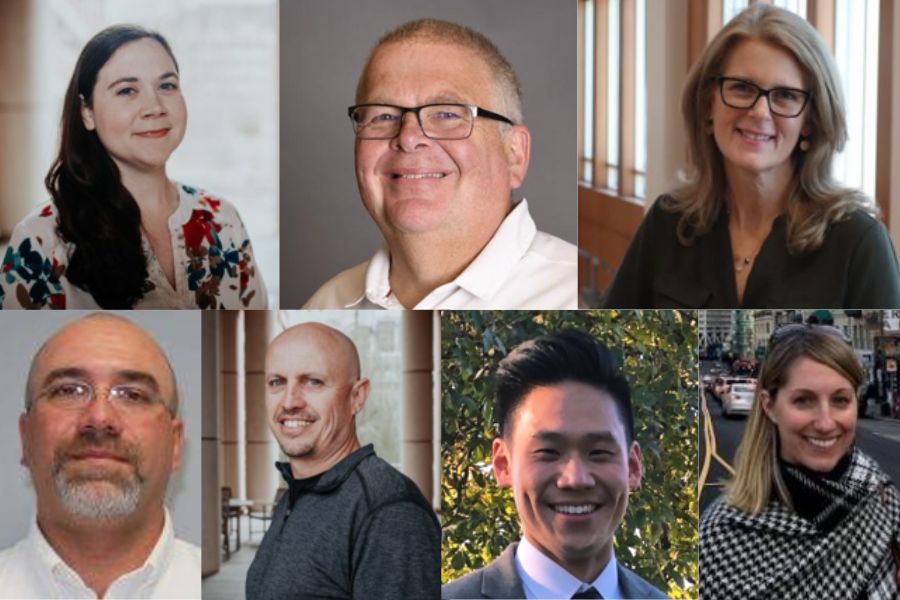 Headshots of Camille Germany, David Kyncl, Ginger Murray, Jerry Puckett, Andrew Rowley, Peter Tran, Lucy Tyler.