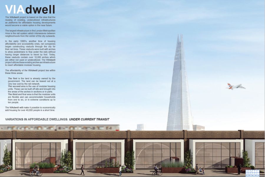 Architectural rendering of housing under rail viaduct with Shard and airplane