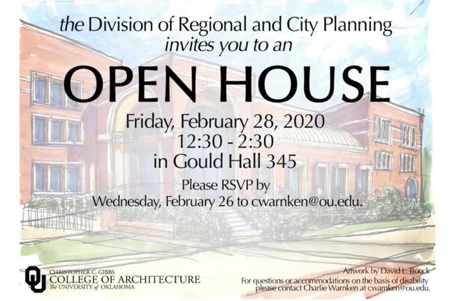 Flyer containing details for the open house event and artwork portraying Gould Hall.