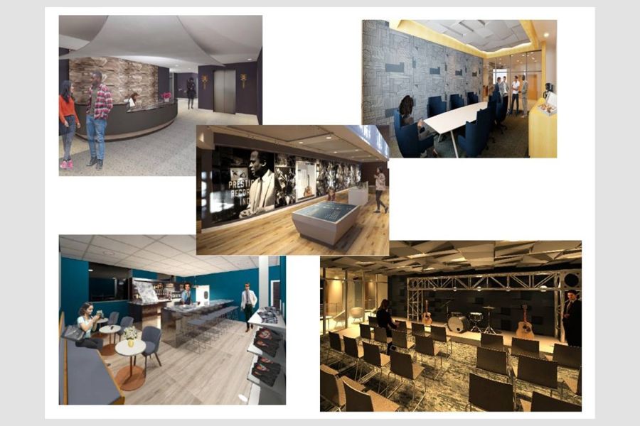 Five different designs for interior spaces in the National African American Jazz Legacy Museum.
