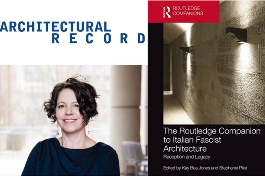 Architectural Record logo above headshot of Stephanie Pilat both left of a picture of the cover of her book.