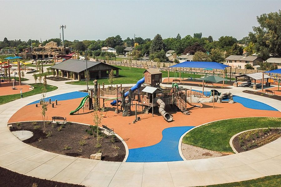 An aerial view of a playground in Adventure Heights park.