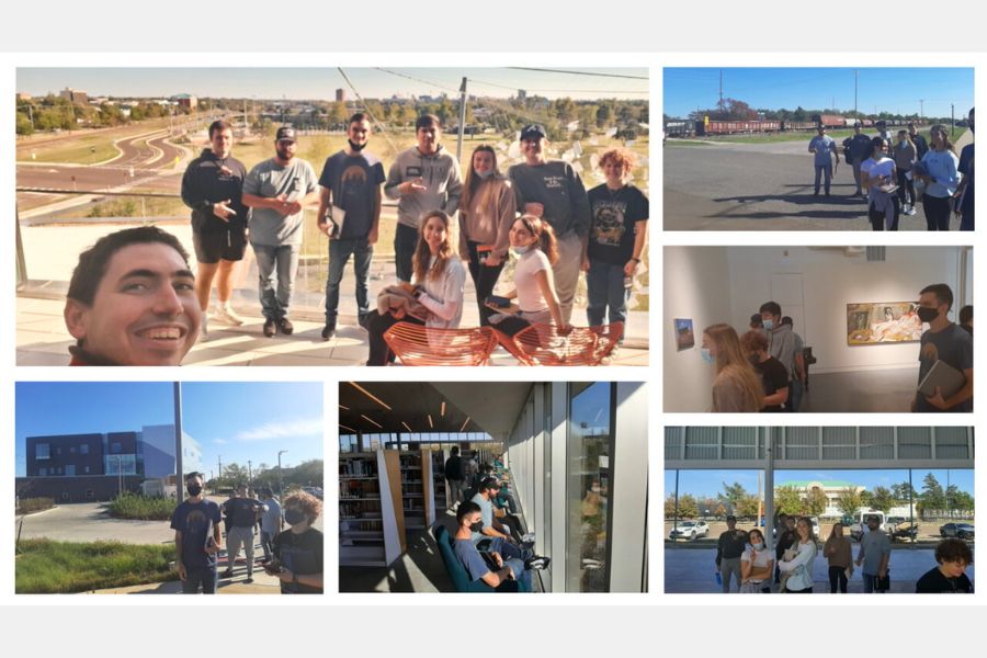 Collection of photos showing the students walking through the tour in Norman.