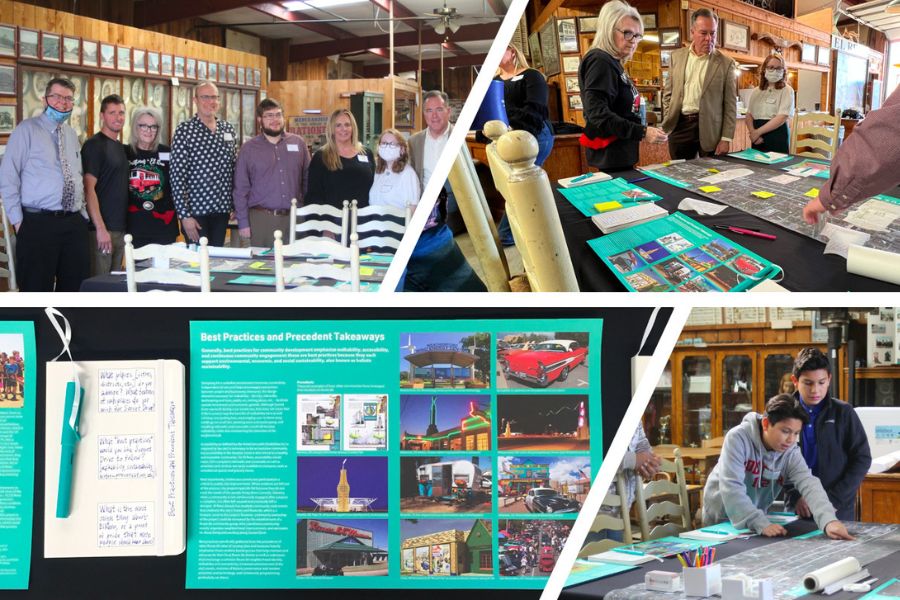 Collage of pictures of Sunset Drive planning event including members of community and a group picture of research team.