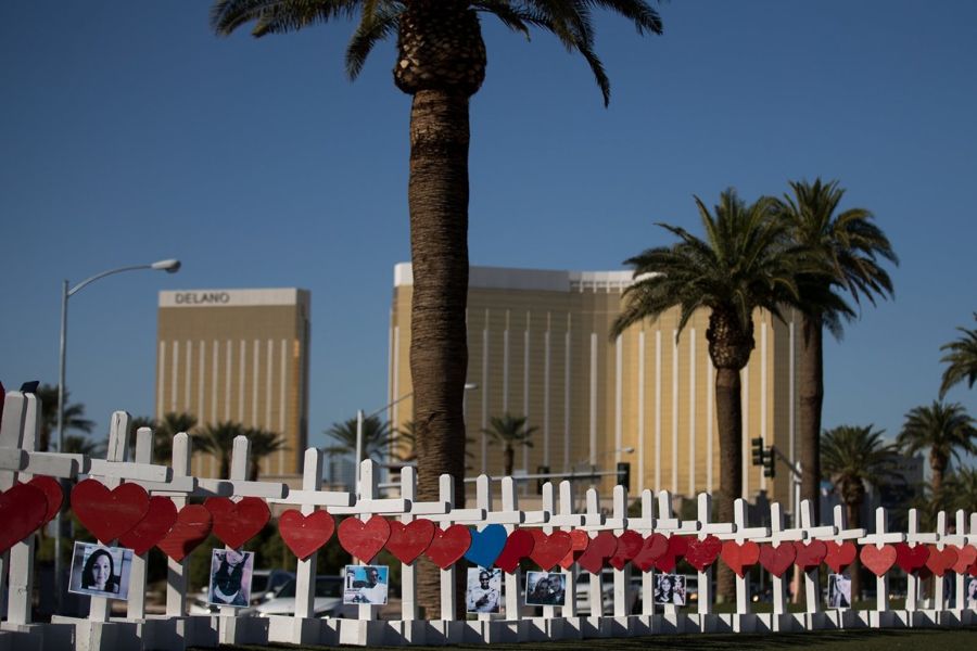 A temporary memorial in Las Vegas honors the 58 victims of the mass shooting that took place there on October 1, 2017.