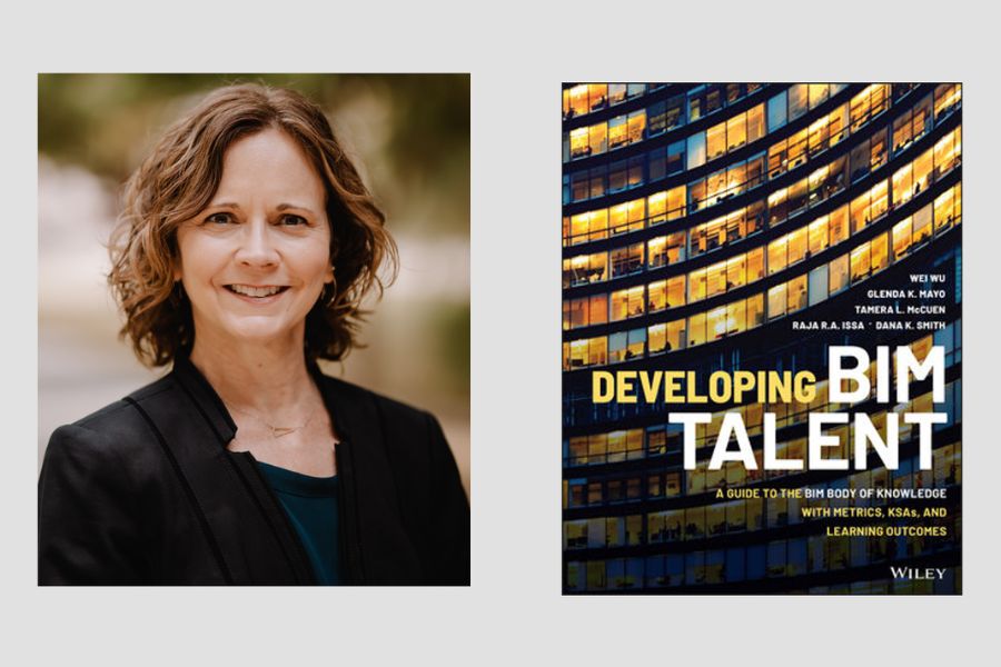 Portrait of Construction Science professor Dr. Tamera L. McCuen alongside the cover of her book Developing BIM Talent.
