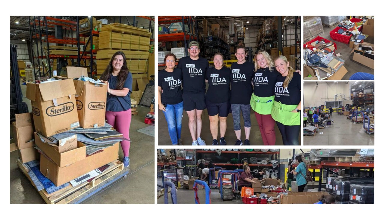 Collage of photos inside a warehouse showing volunteers from the International Interior Design Association sorting and organizing donated materials.