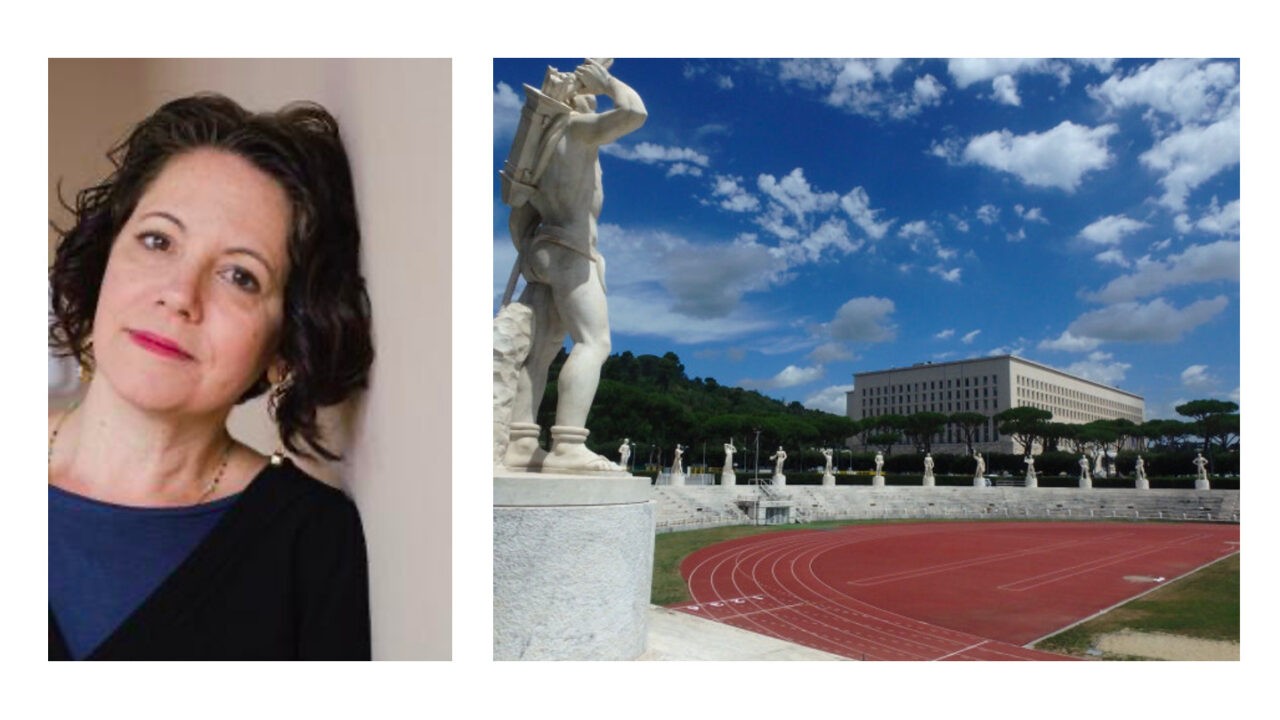 Side-by-side images: at left, a portrait of Dr. Stephanie Pilat; at right, an outdoor view of a classical statue overlooking a track-and-field stadium with a large modern building in the background under a blue sky.