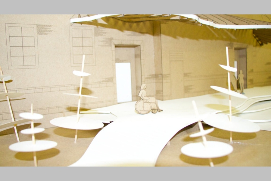 Student model of redesigned campus building entrance.