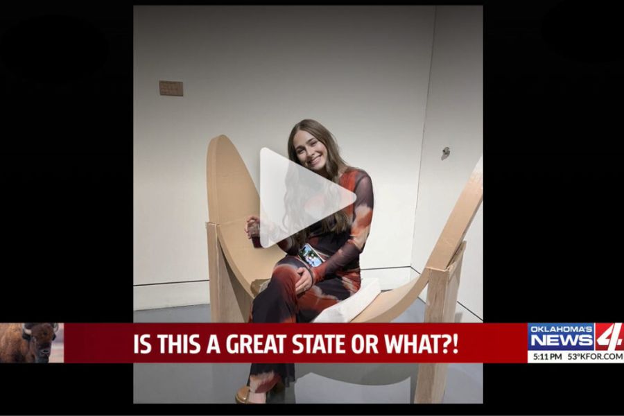 Screenshot of K F O R news segment with O U interior design student and furniture project.