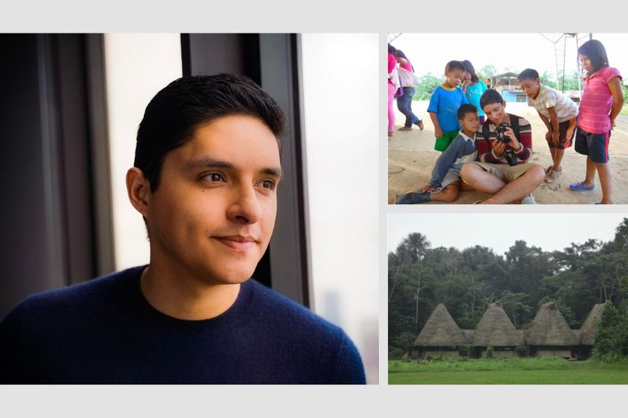 A collage featuring Felipe Flores, indigenous residents of the Amazon, and indigenous housing.