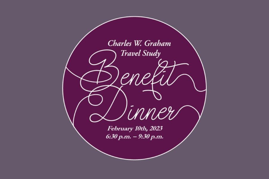 The text "Charles W. Graham Travel Study Benefit Dinner February 10, 2023 6:30 p m to 9:30 p m" on a purple background.