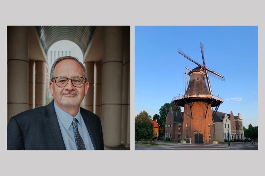 Ron Frantz and the Vermeer Mill in downtown Pella, Iowa.