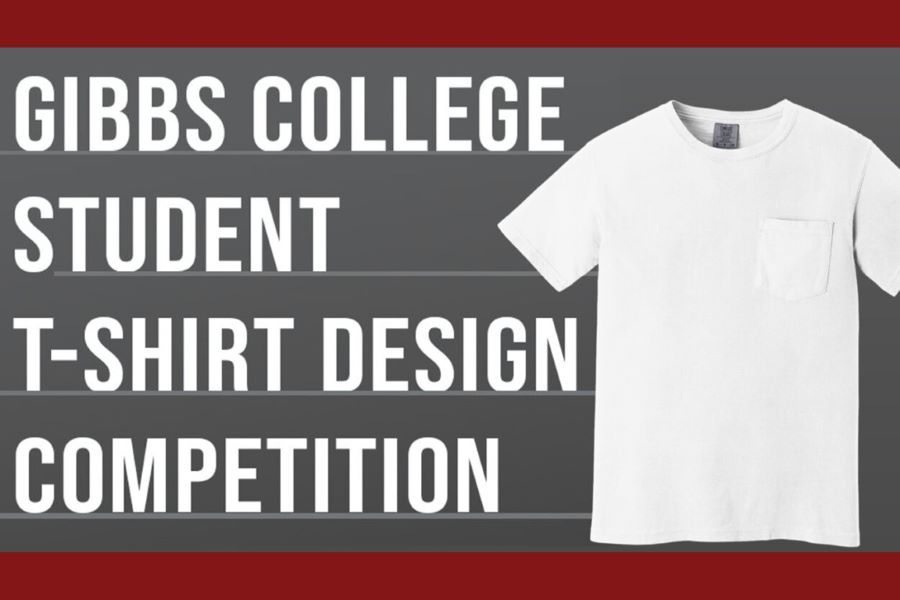 A white t-shirt on a gray background with text reading: Gibbs College student t-shirt design competition. 
