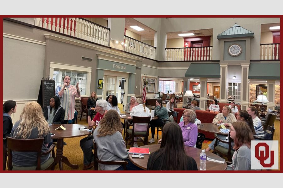 O U Interior Design Class listening to a speaker at Rivermont Independent Living.