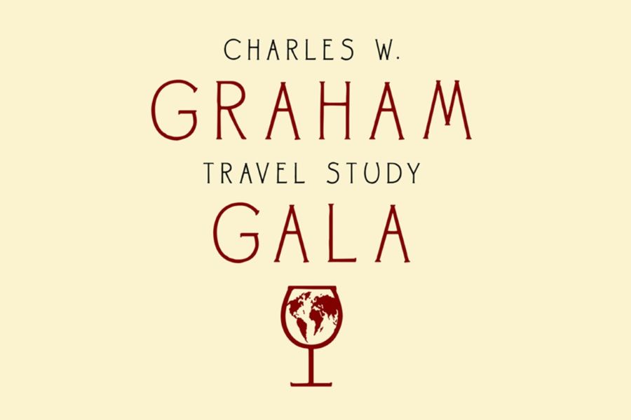 The words "Charles W Graham Travel Study Gala" with a wine glass that looks like the planet Earth.