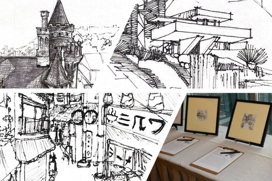 Three sketches with a photo of framed napkins at an auction.