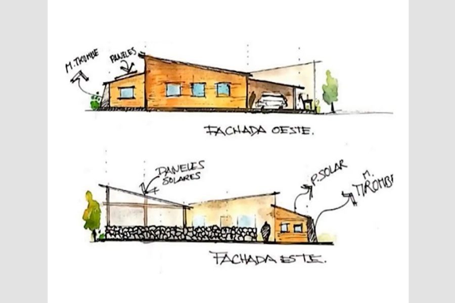 A sketch of a building from the west and east with labels in Spanish.