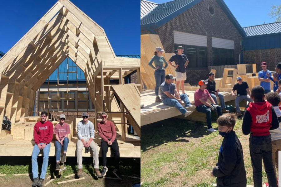 Two photos showing construction science students working on a greenhouse and talking to elementary school students.