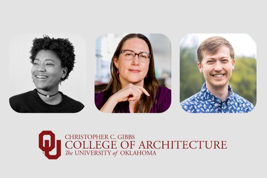 Terri Bullard, Amber Sarmiento, and Christopher Loofs with the O U Christopher C Gibbs College of Architecture logo.