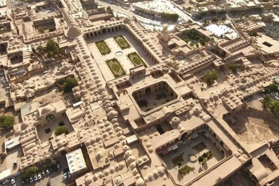 An aerial view of the Ganjali Khan Complex in Kerman, Iran.
