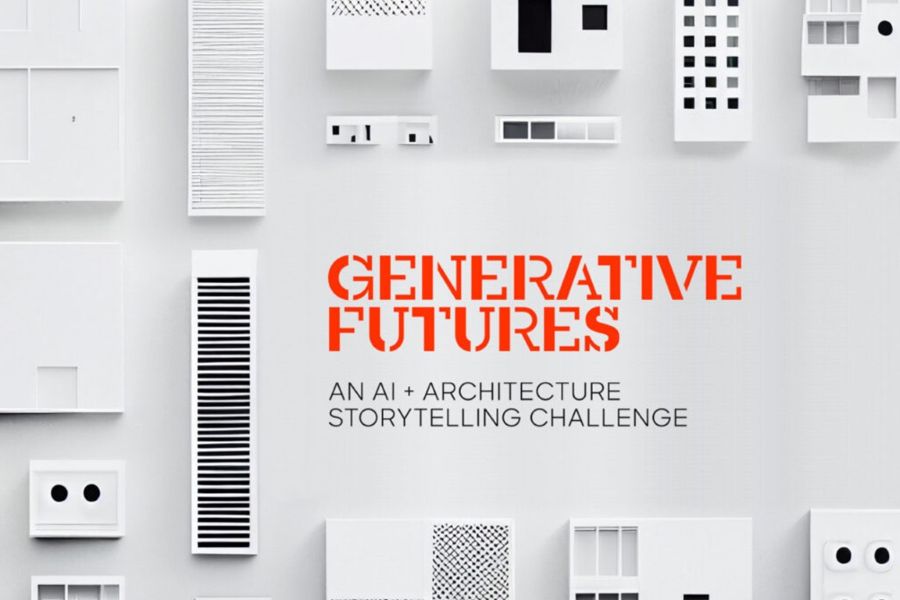 The text "Generative Futures: An A I + Architecture Storytelling Challenge" on a geometric background.
