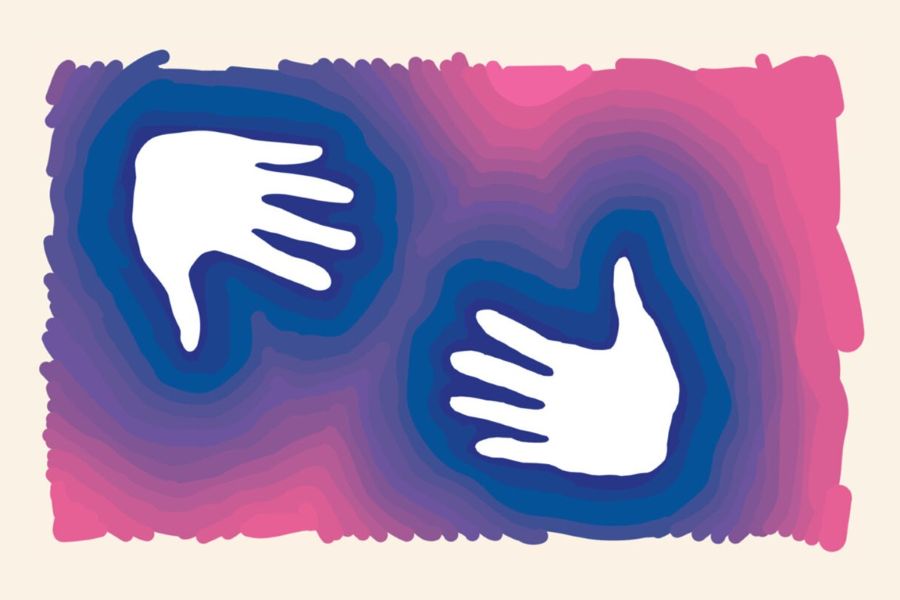 Artwork of two white hands on a cream background with blue, purple, and pink lines radiating from the hands.