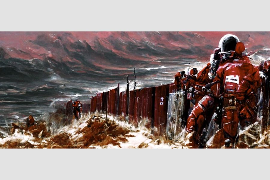 A I artwork of people in red space suits climbing a fence.