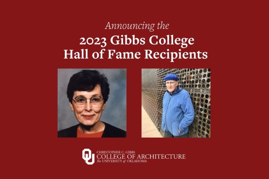 Pat Eidson and Herb Green with the text "Announcing the 2023 Gibbs College Hall of Fame Recipients" and the logo for the O U Gibbs College of Architecture.