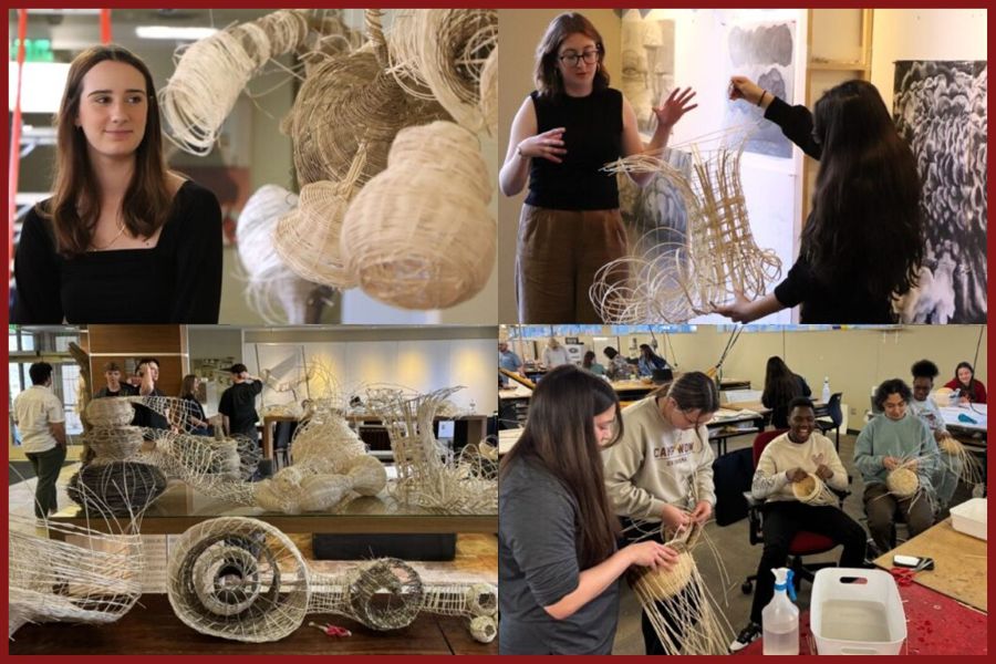 A photo collage of students working on weather-themed design projects.