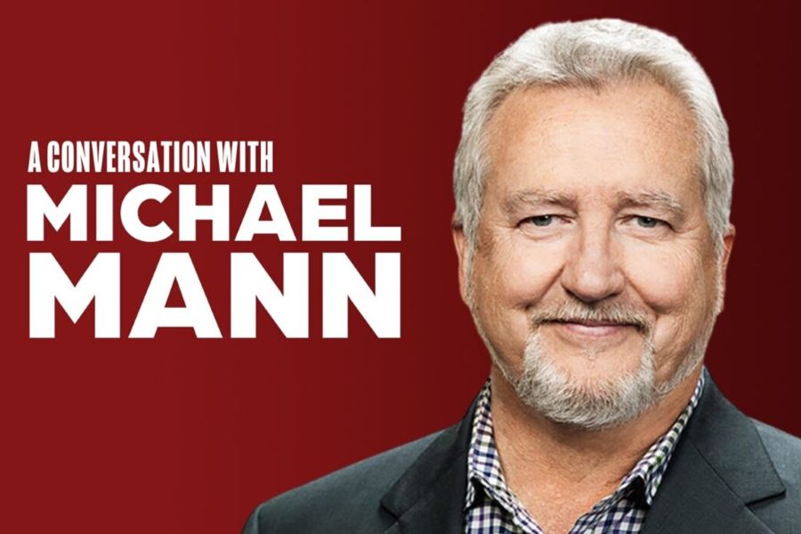 Michael Mann with the text "A conversation with Michael Mann".