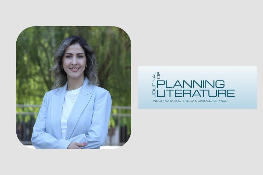 Ladan Mozaffarian with the logo for the Journal of Planning Literature.