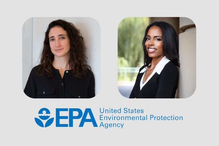 Deborah Richards and Vanessa Morrison with the logo for the U S Environmental Protection Agency.