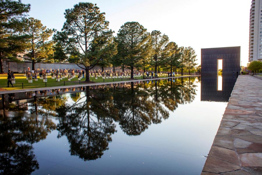 The reflection pool and 9:03 gate at the Oklahoma City National Memorial.