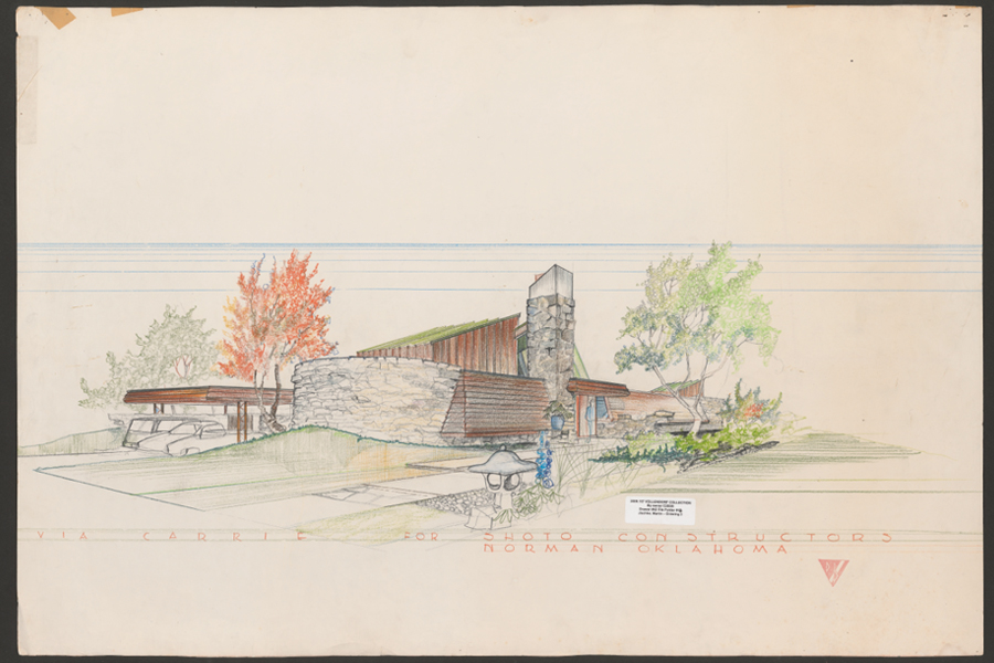 A hand-rendered architectural perspective drawing by Dean Bryant Vollendorf showing a low, angular residence constructed of stone and wood. The design features sweeping horizontal rooflines, a prominent stone chimney, and textured masonry walls. A carport with a parked vehicle appears on the left, framed by autumn-colored trees. On the right, landscaped plantings and a small sculptural lantern lead toward the home’s entrance. Soft pencil shading and light pastel colors highlight the natural materials and surrounding greenery.