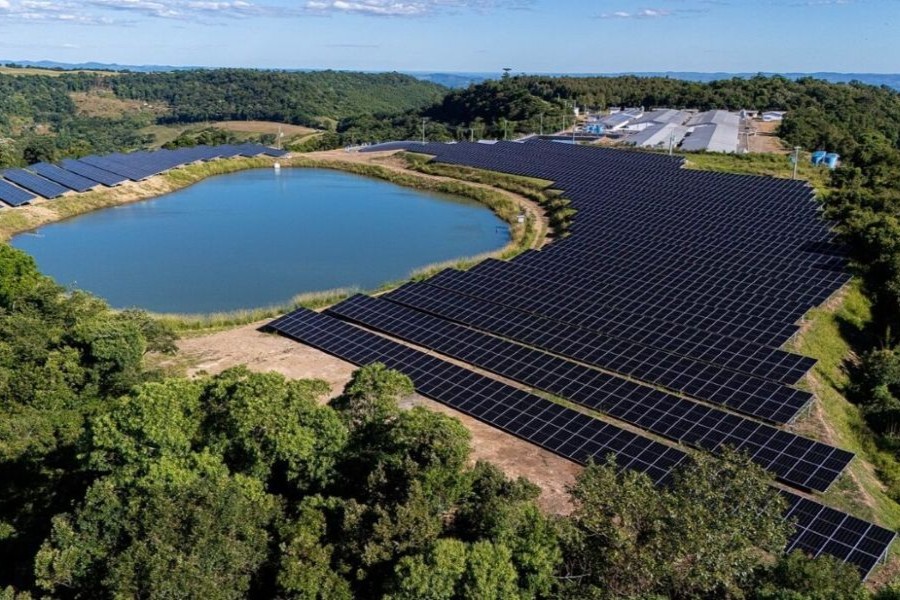 A field of solar panels surrounded by forests and a pond in Brazil.