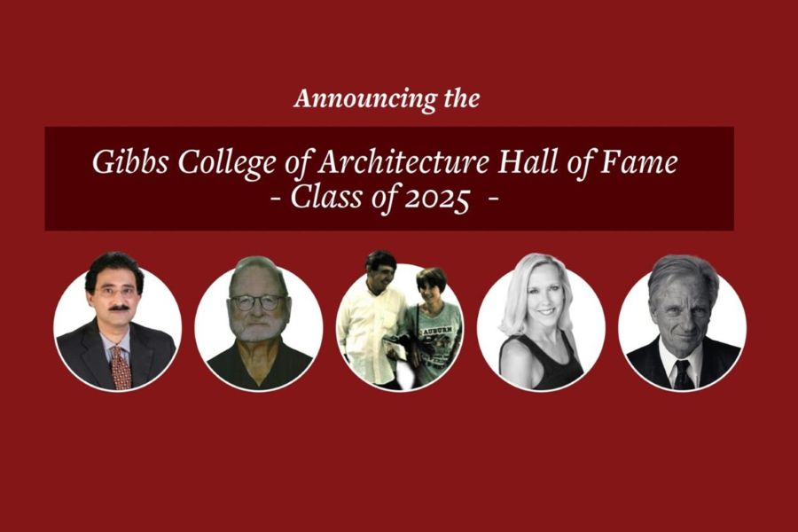 The text "Announcing the Gibbs College of Architecture Hall of Fame Class of 2025" with photos of the inductees.