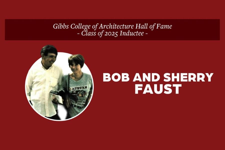 Bob and Sherry Faust with the text "Gibbs College of Architecture Hall of Fame Class of 2025 Inductee".