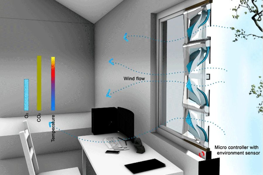 A diagram showing air flow through a window valve with a microcontroller and environment sensor.