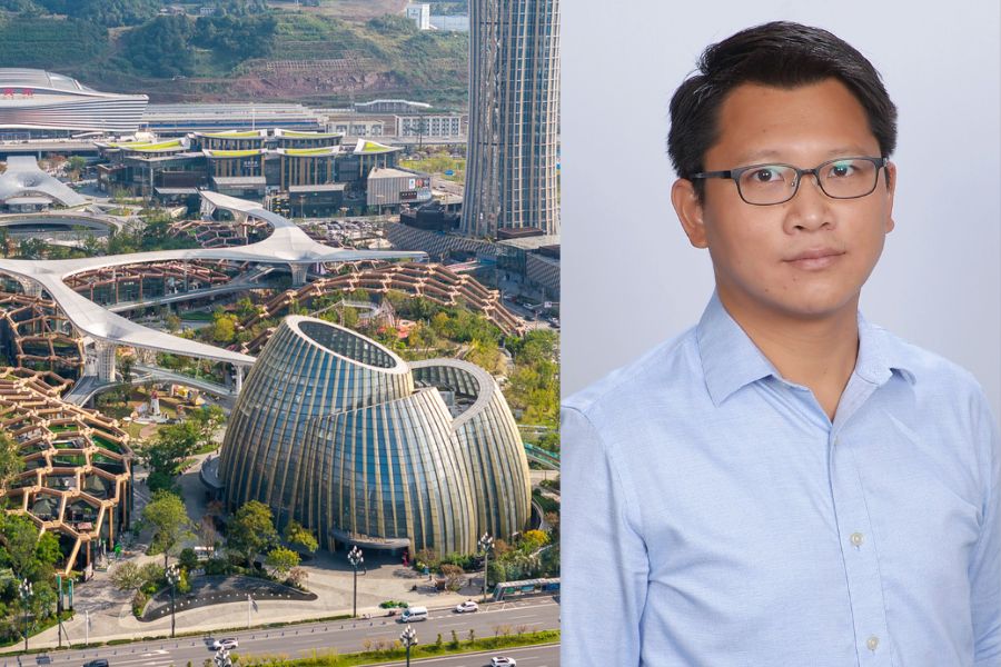 Headshot of Tony Wu, right, and a photo of the Yibin transit-oriented development viewed from the art museum in the foreground with the rail station in the background.