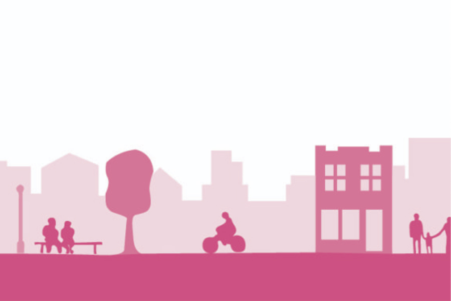 Silhouettes of people outdoors, trees, and buildings in various shades of pink.