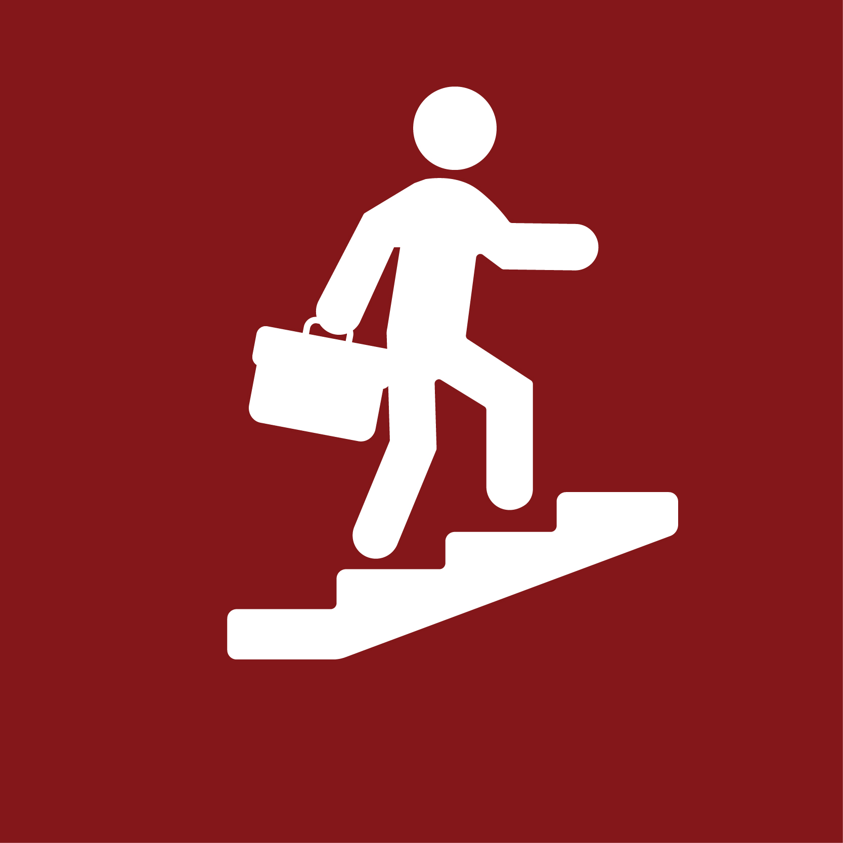 Stick figure walking up stairs carrying a briefcase.