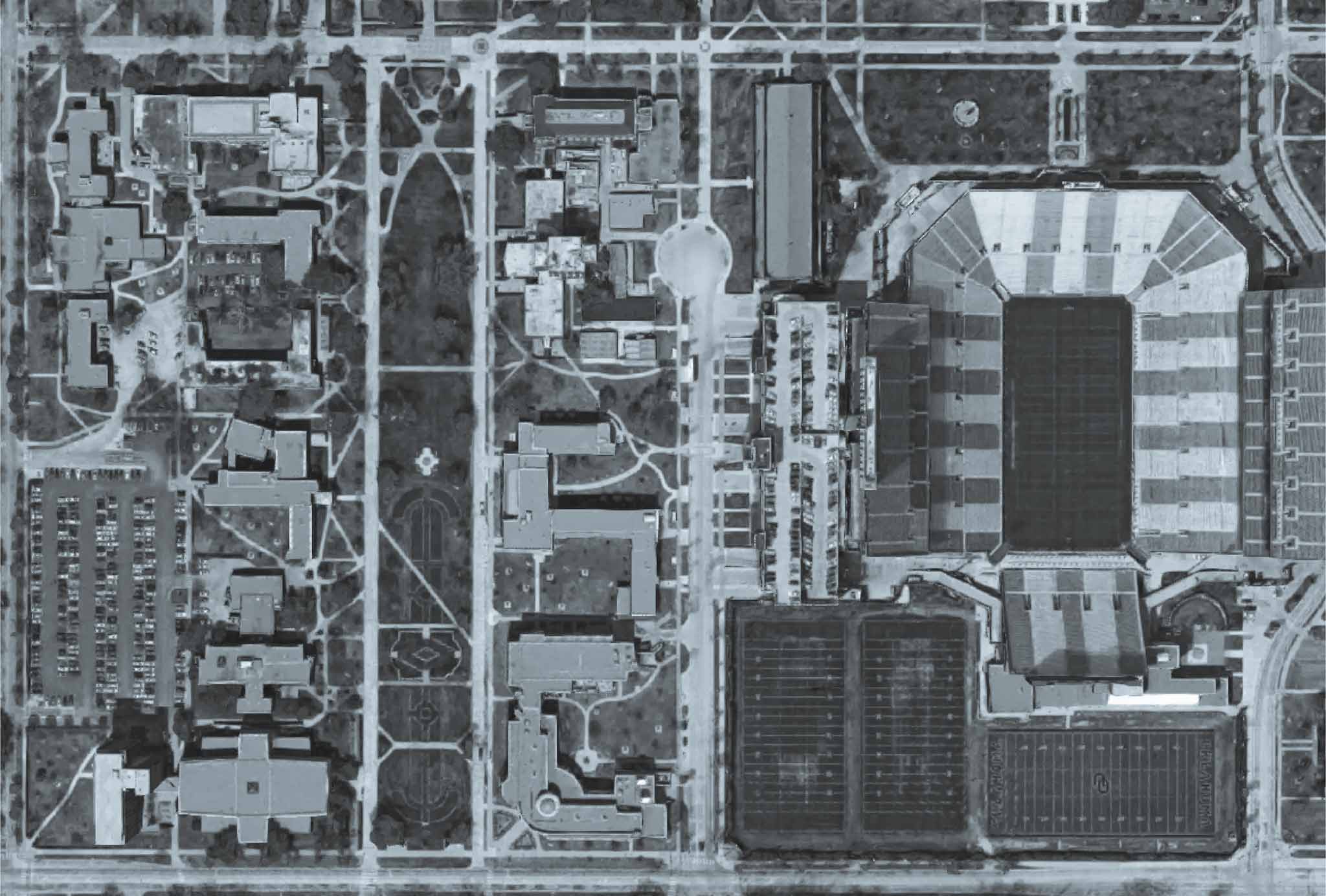 Black and white aerial view of the university.