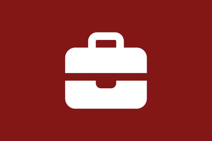 A white briefcase icon on a crimson background.
