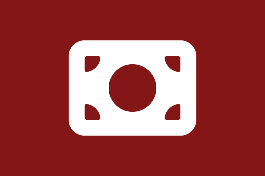 A white dollar bill icon on a crimson background.