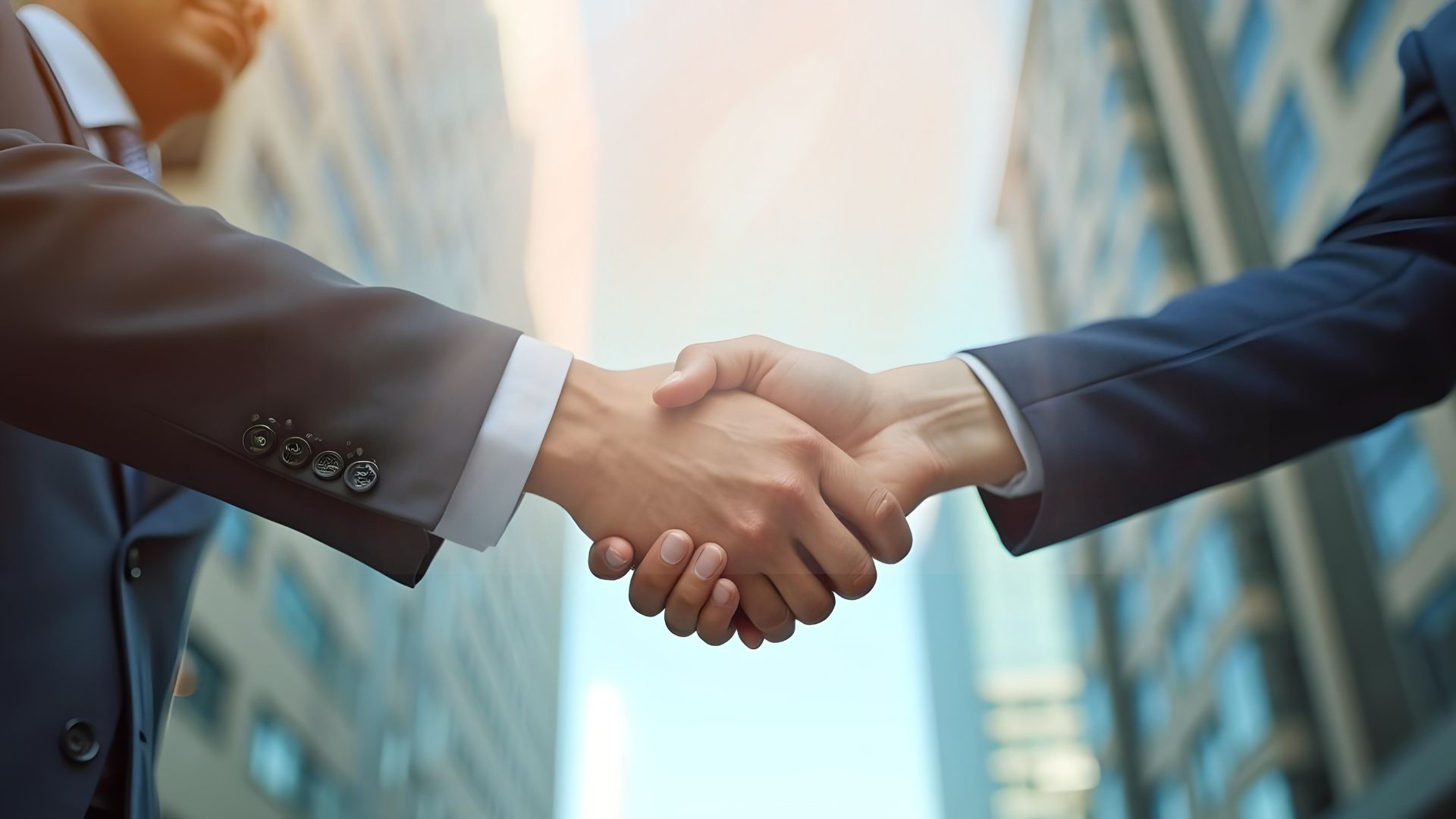 Two business men shaking hands in the city 