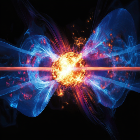 An artistic rendition of a fusion reaction. A bright yellow-red central explosion with blue light radiating waves outward from it. There are also red plasma-like streaks emanating from the central explosion, also. 