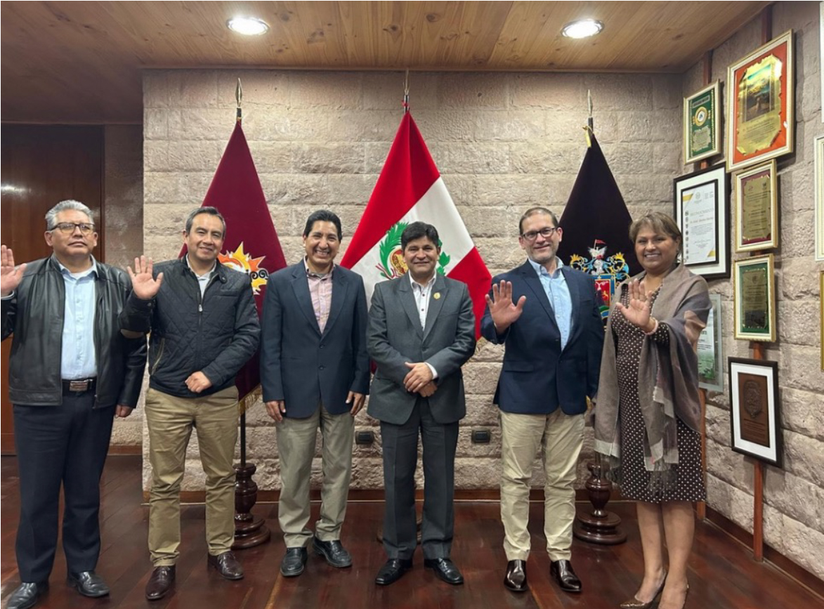 Governor of the State of Arequipa, Dr. Rohel Sanchez (third from right); Secretary of Science, Research, and Technology, Mrs. Irina Sanchez; and team hosted Dr. Filley and Dr. Maqque.